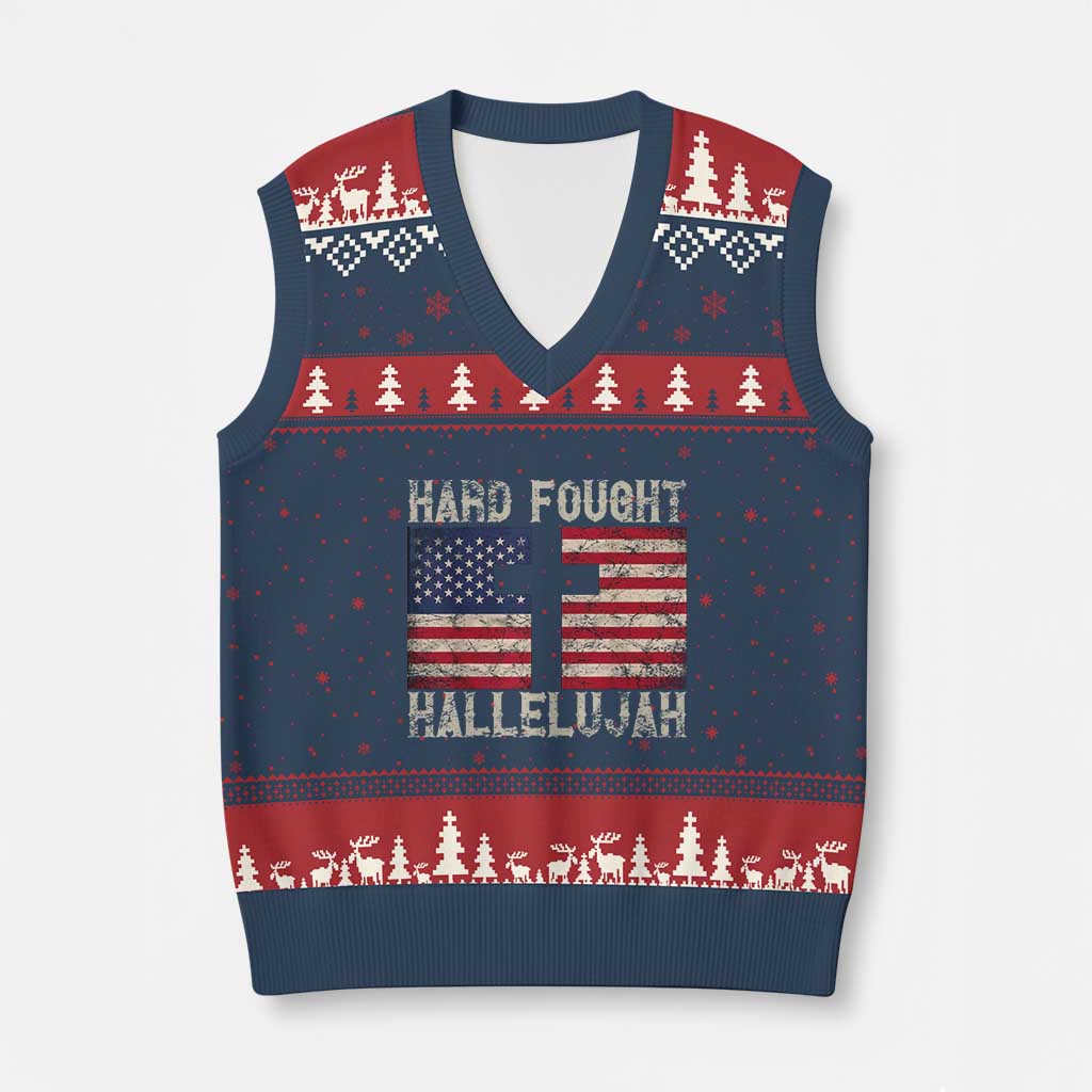 Hard Fought Hallelujah V-Neck Knit Sweater Vest Patriotic Christian Faith American Flag - Wonder Print Shop