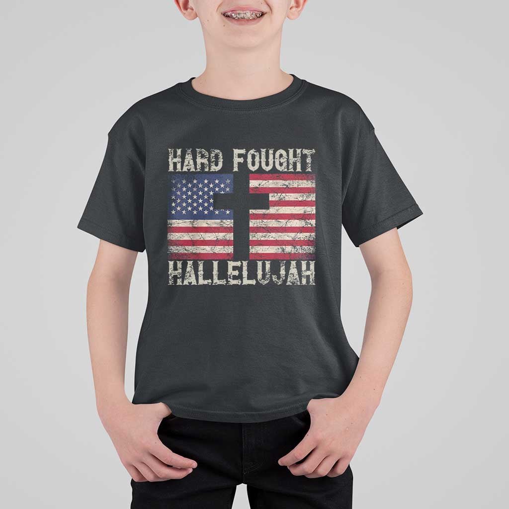 Hard Fought Hallelujah T Shirt For Kid Patriotic Christian Faith American Flag - Wonder Print Shop