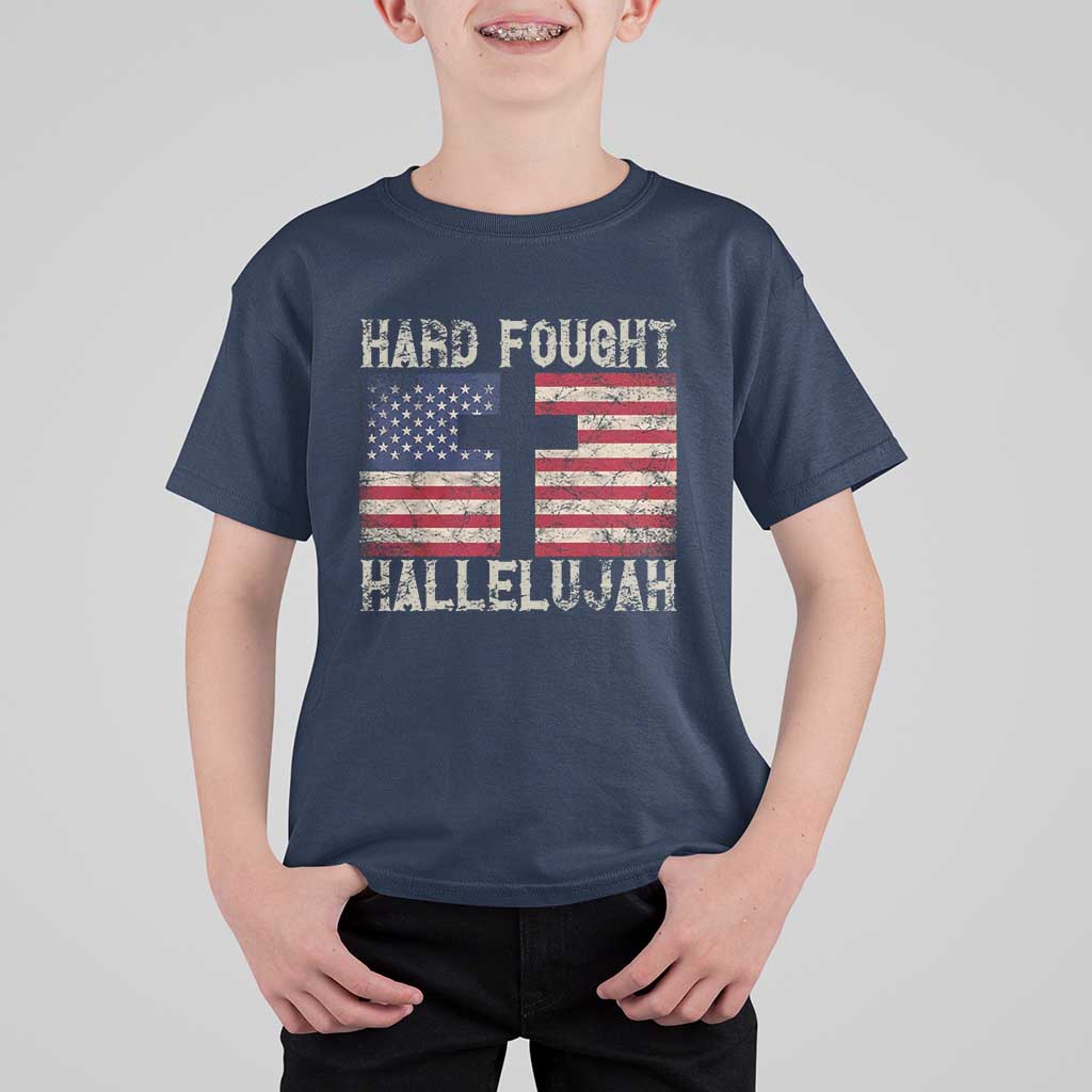 Hard Fought Hallelujah T Shirt For Kid Patriotic Christian Faith American Flag - Wonder Print Shop