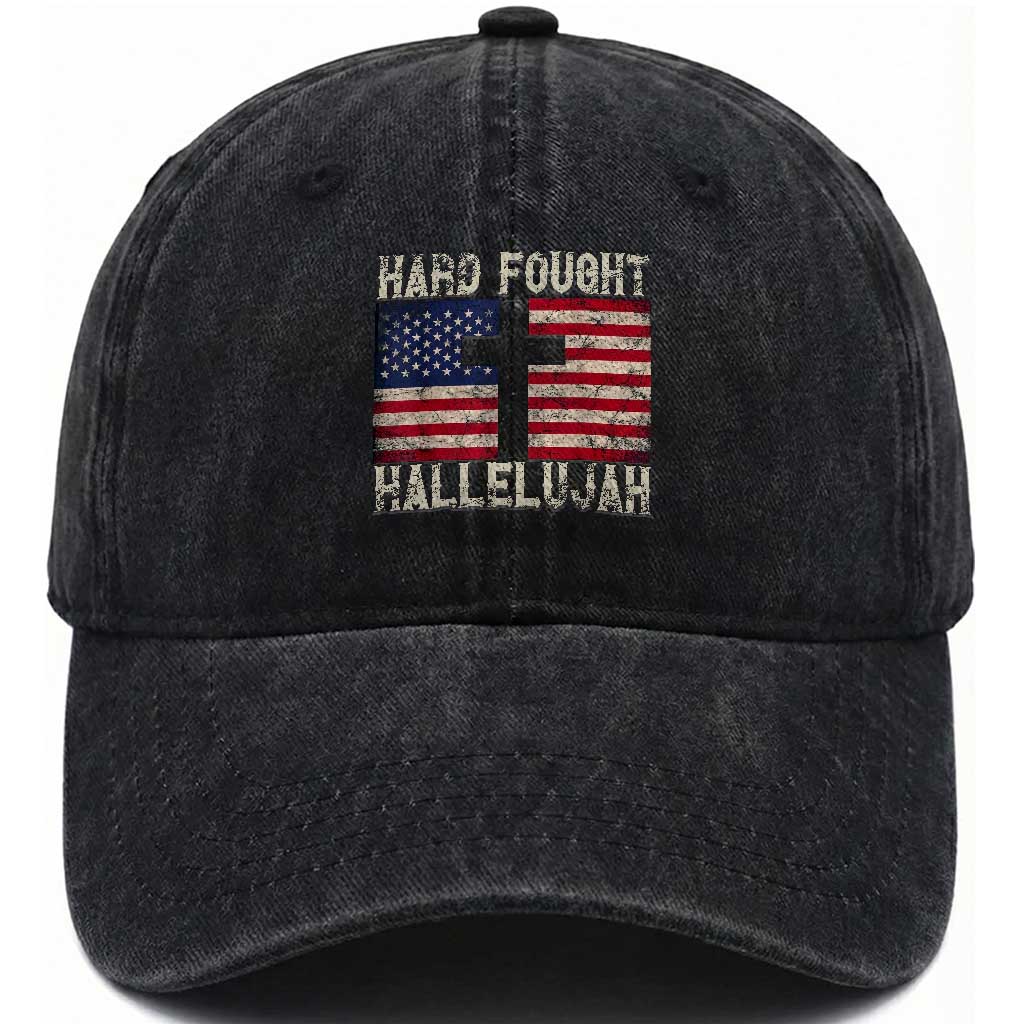 Hard Fought Hallelujah Washed Cotton Baseball Cap Patriotic Christian Faith American Flag