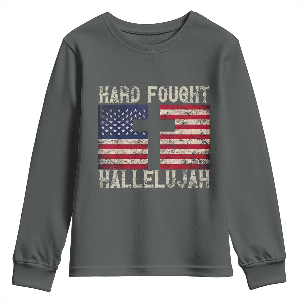 Hard Fought Hallelujah Youth Sweatshirt Patriotic Christian Faith American Flag - Wonder Print Shop