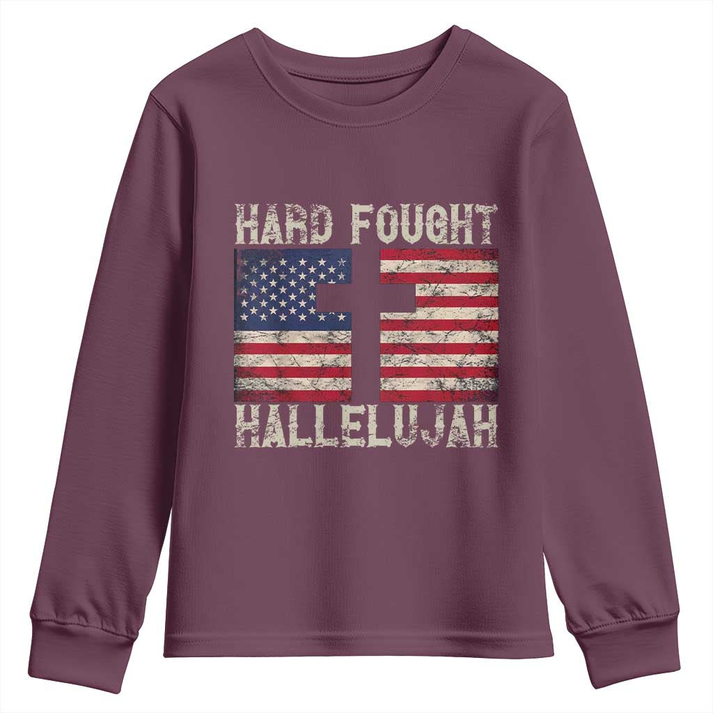 Hard Fought Hallelujah Youth Sweatshirt Patriotic Christian Faith American Flag - Wonder Print Shop