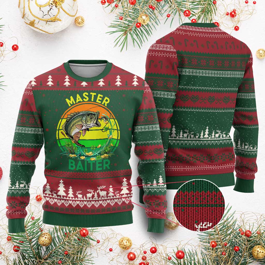 Funny Bass Fishing St Patricks Day Ugly Christmas Sweater Master Baiter