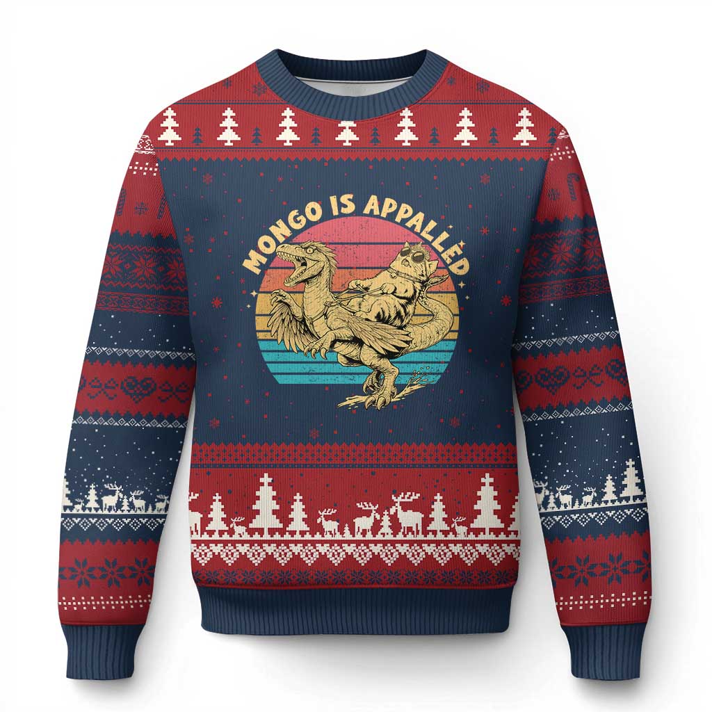 Mongo is Appalled Ugly Christmas Sweater Vintage Princess Cat Riding Dinosaur