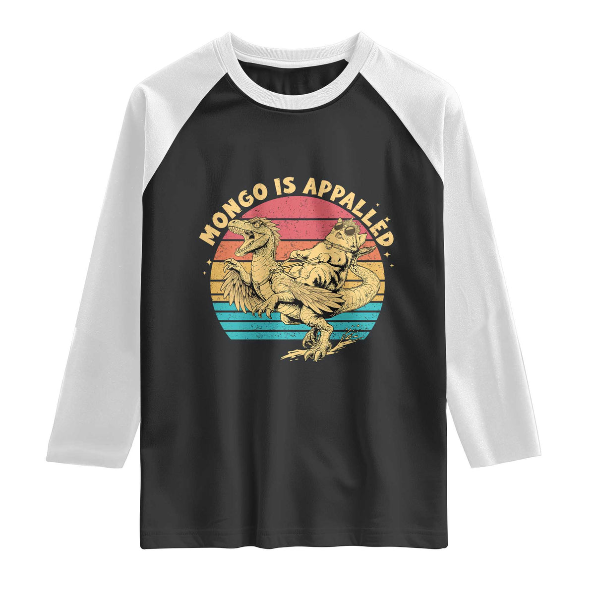 Mongo is Appalled Raglan Shirt Vintage Princess Cat Riding Dinosaur