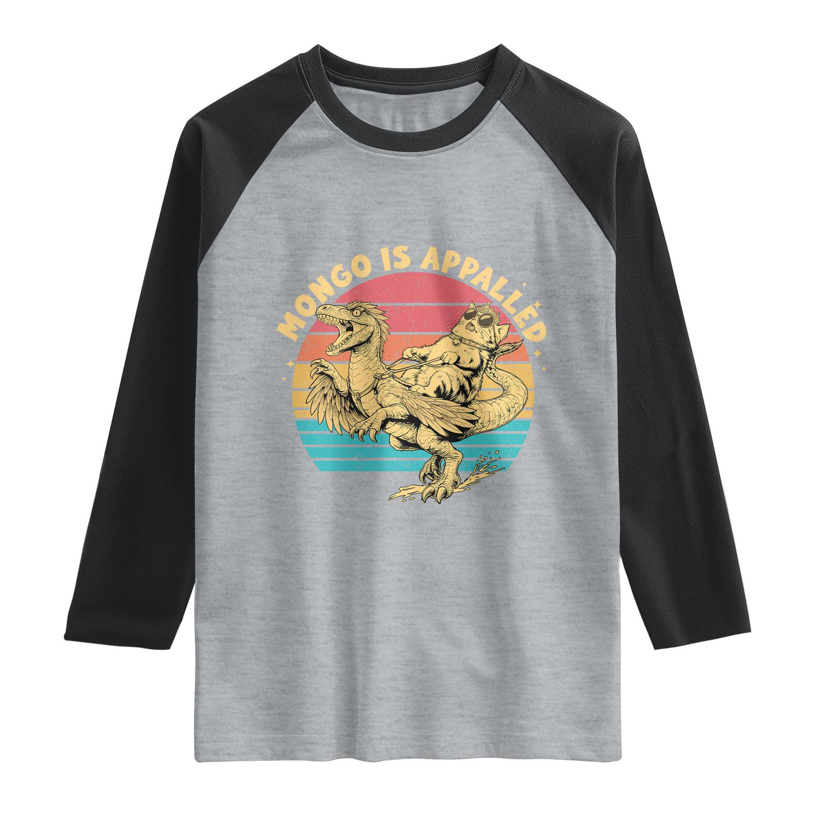 Mongo is Appalled Raglan Shirt Vintage Princess Cat Riding Dinosaur