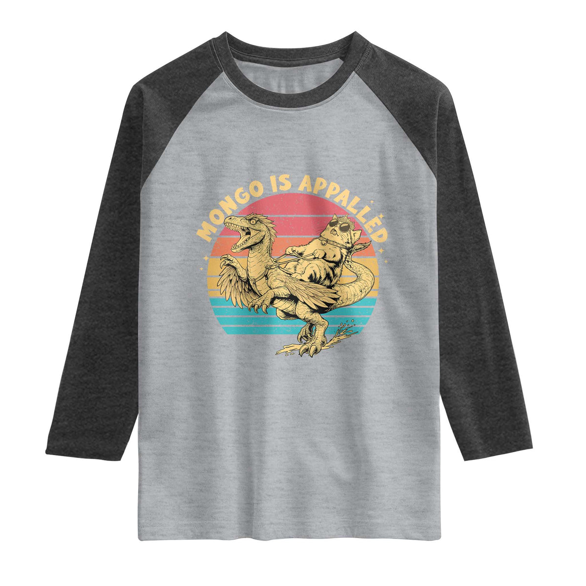 Mongo is Appalled Raglan Shirt Vintage Princess Cat Riding Dinosaur