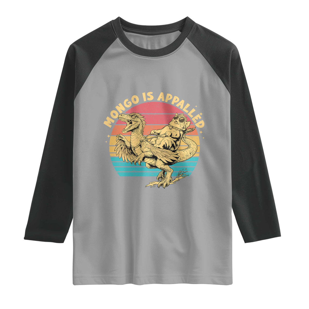 Mongo is Appalled Raglan Shirt Vintage Princess Cat Riding Dinosaur