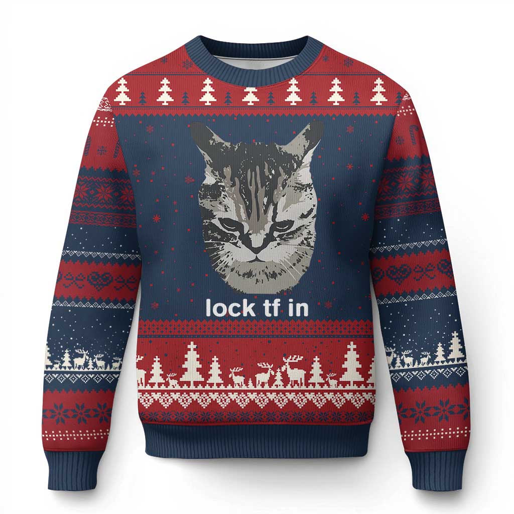 Lock TF In Cat Ugly Christmas Sweater Funny Gen Z Meme
