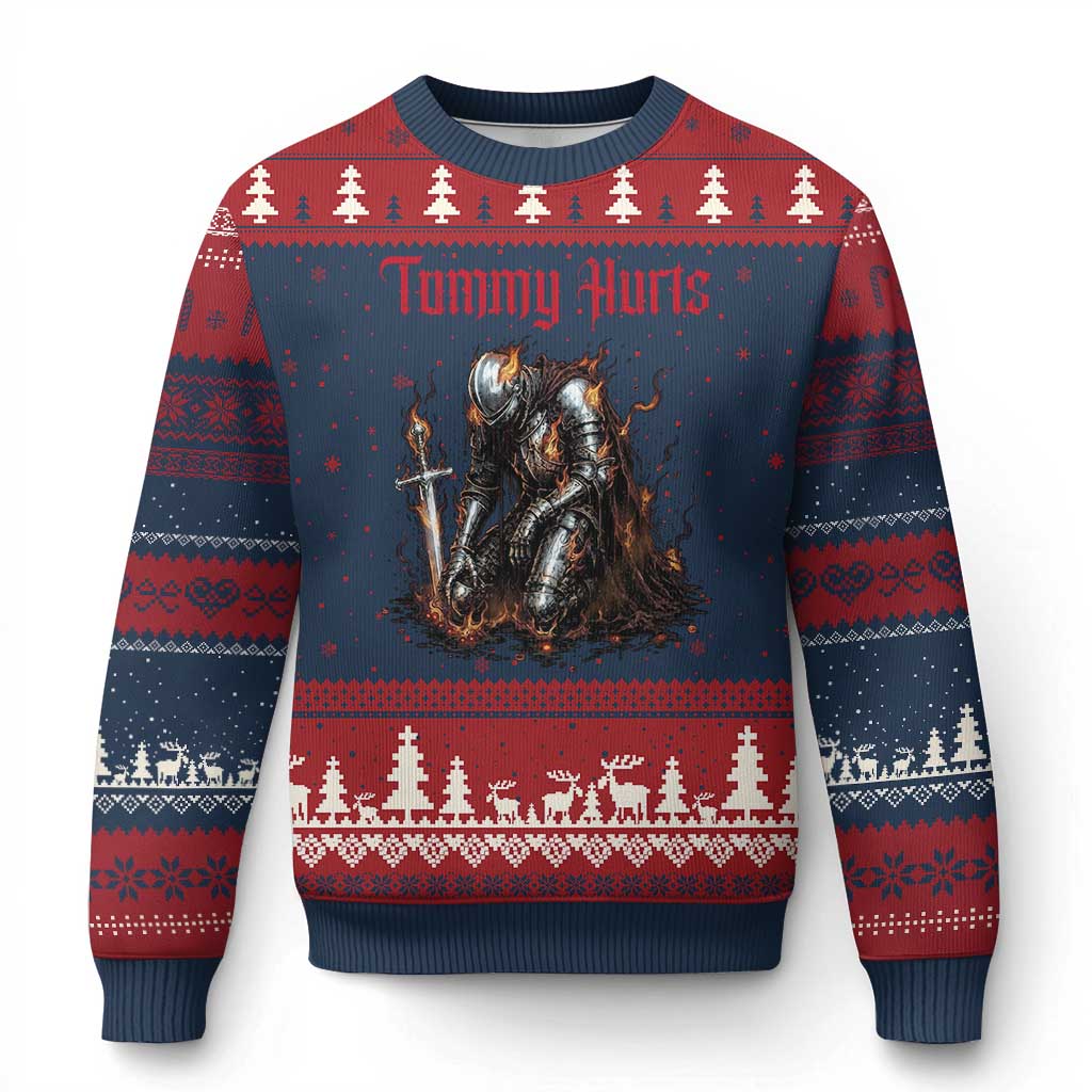 Tummy Hurts Ugly Christmas Sweater Funny Medieval Knight Dark Humor