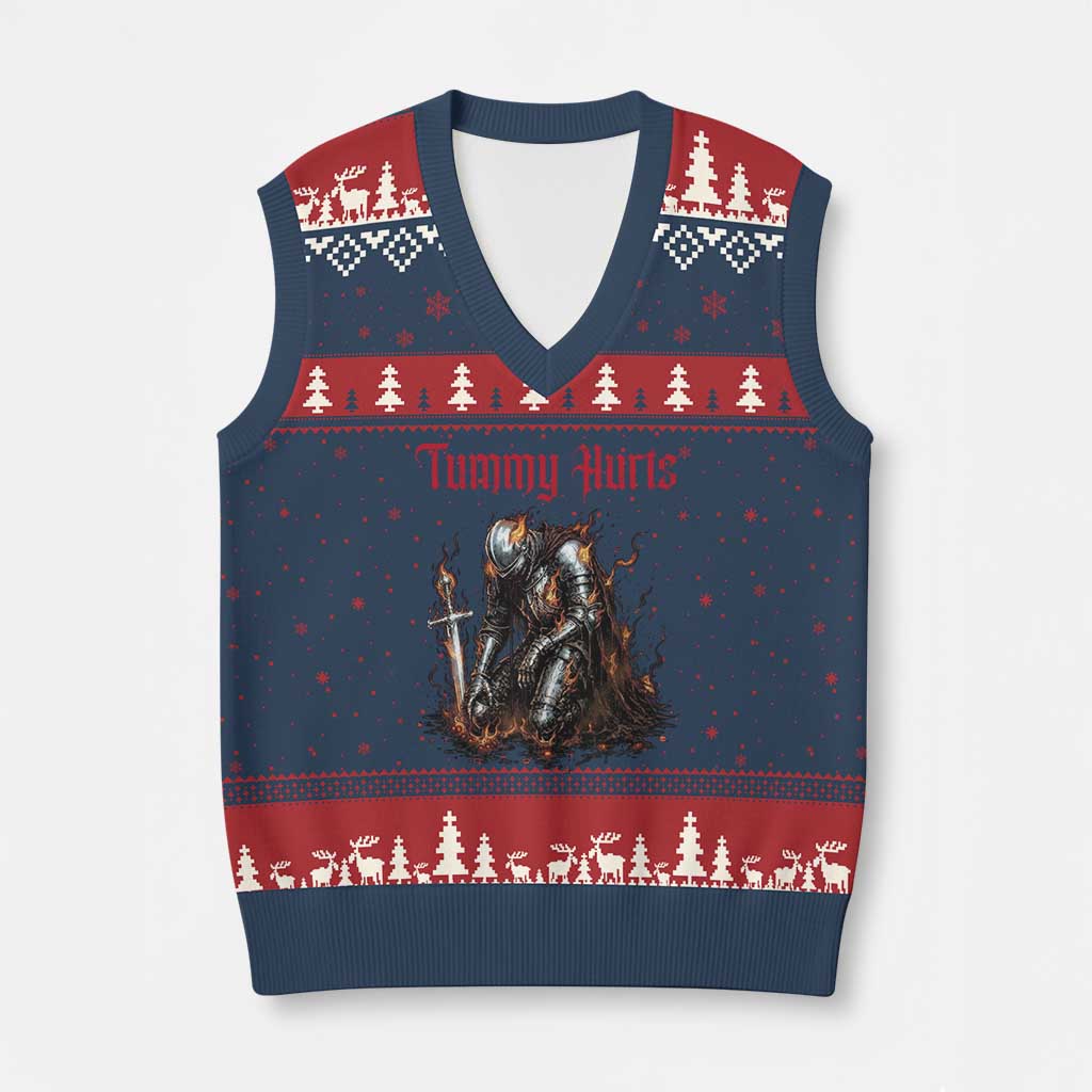 Tummy Hurts V-Neck Knit Sweater Vest Funny Medieval Knight Dark Humor