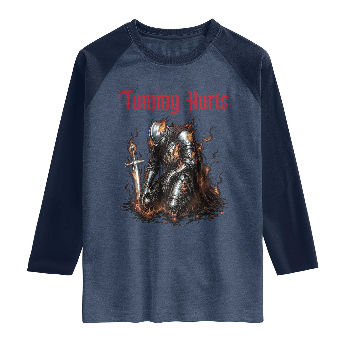 Tummy Hurts Raglan Shirt Funny Medieval Knight Dark Humor