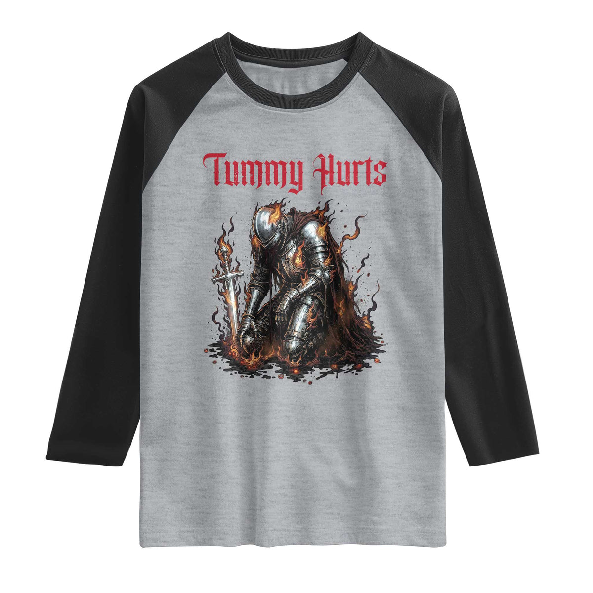 Tummy Hurts Raglan Shirt Funny Medieval Knight Dark Humor