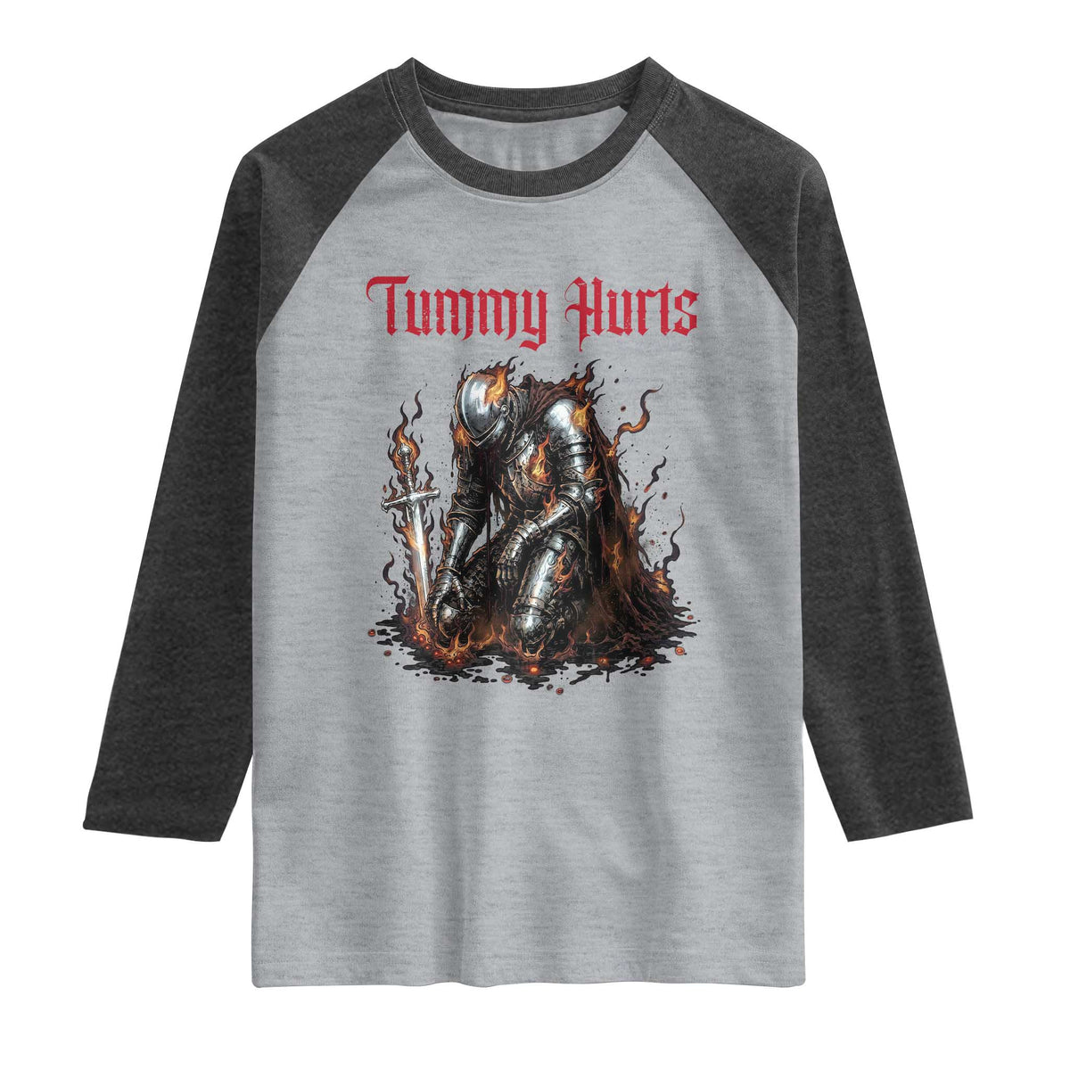 Tummy Hurts Raglan Shirt Funny Medieval Knight Dark Humor