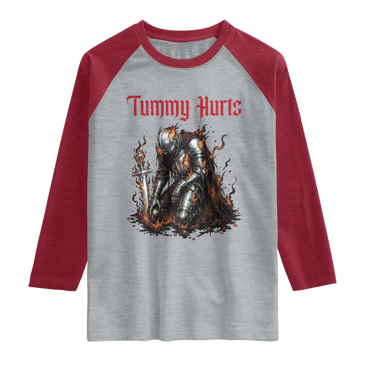 Tummy Hurts Raglan Shirt Funny Medieval Knight Dark Humor