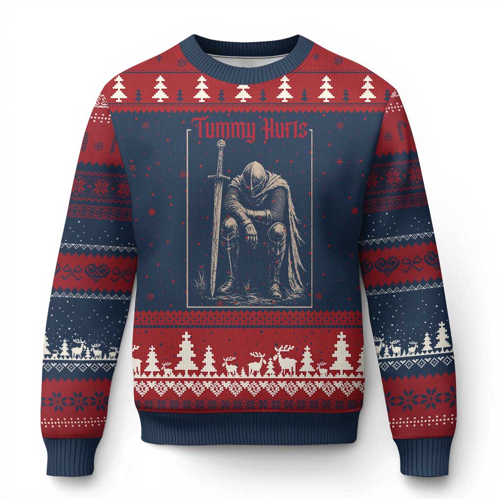 Tummy Hurts Ugly Christmas Sweater Funny Medieval Knight Dark Meme