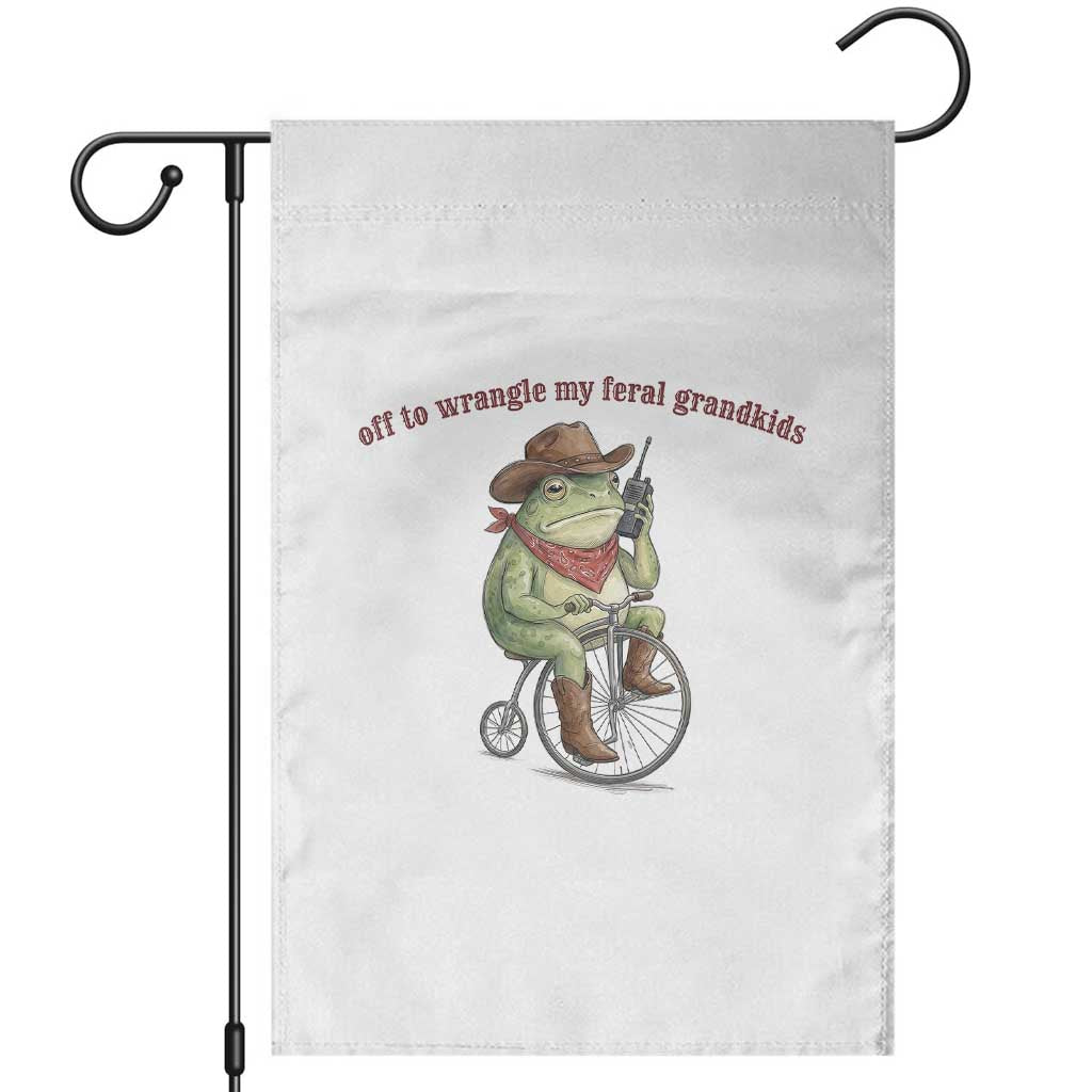Off to Wrangle My Feral Grandkids Garden Flag Funny Cowboy Frog Grandpa Western Meme