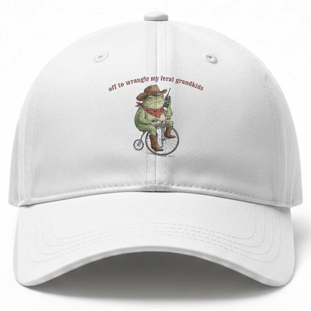 Off to Wrangle My Feral Grandkids Baseball Cap Funny Cowboy Frog Grandpa Western Meme