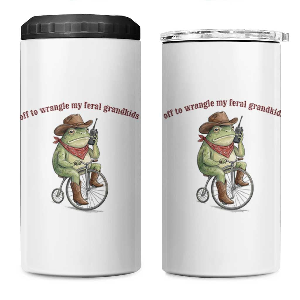 Off to Wrangle My Feral Grandkids 4 in 1 Can Cooler Tumbler Funny Cowboy Frog Grandpa Western Meme