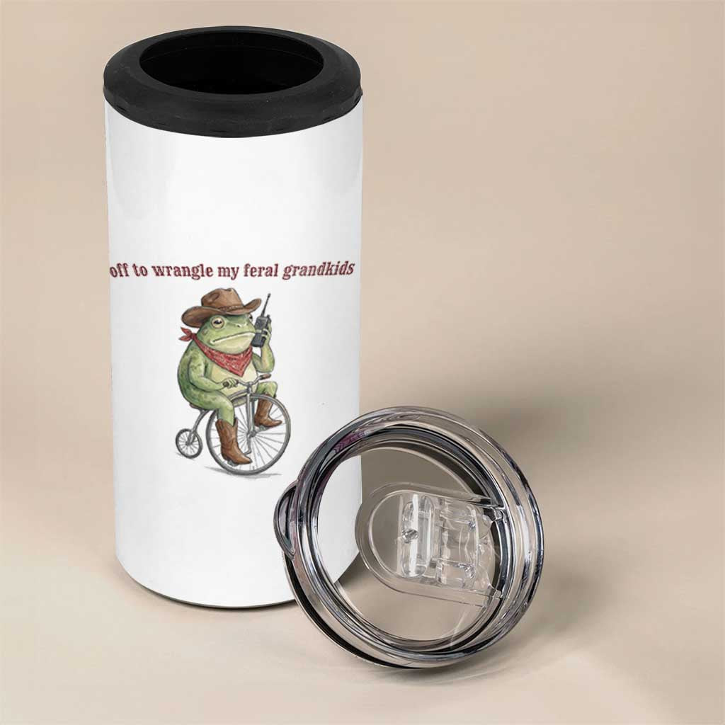 Off to Wrangle My Feral Grandkids 4 in 1 Can Cooler Tumbler Funny Cowboy Frog Grandpa Western Meme