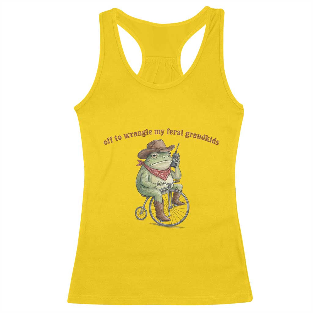 Off to Wrangle My Feral Grandkids Racerback Tank Top Funny Cowboy Frog Grandpa Western Meme