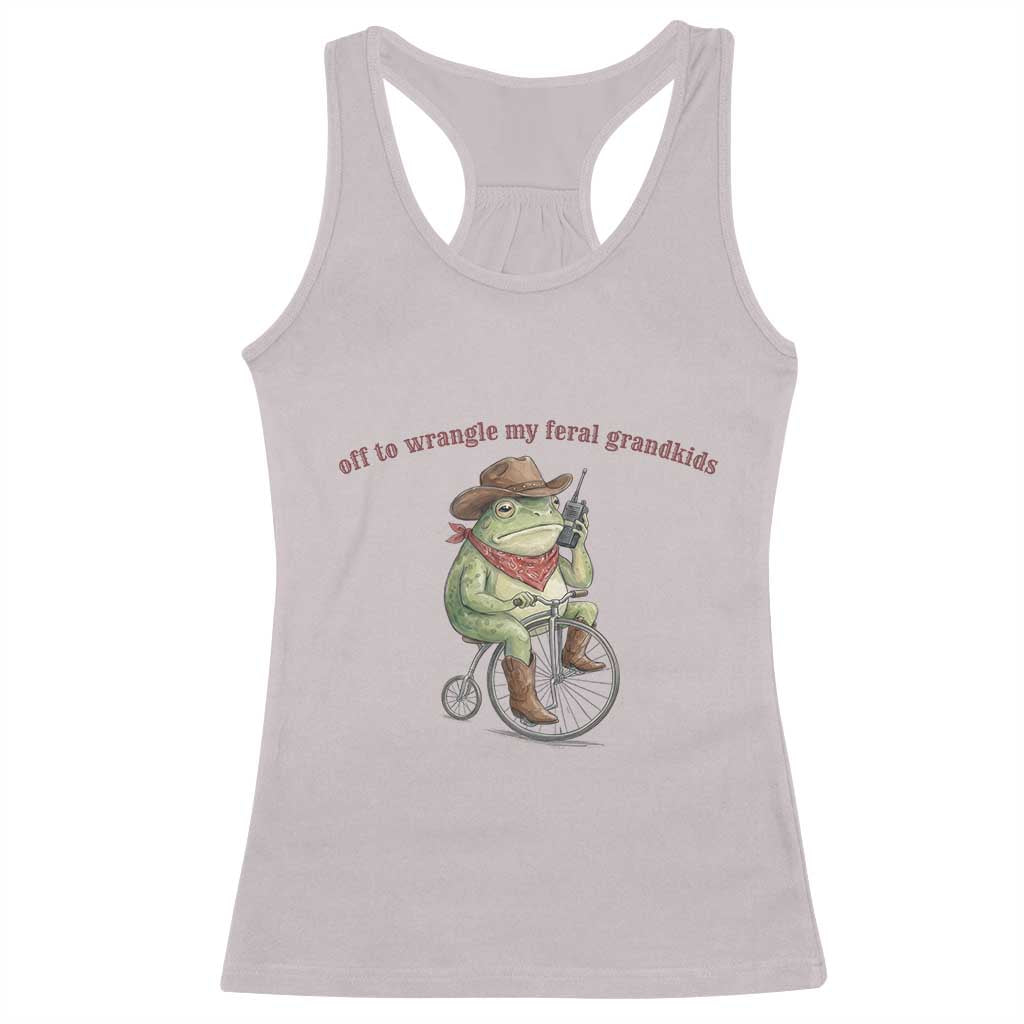 Off to Wrangle My Feral Grandkids Racerback Tank Top Funny Cowboy Frog Grandpa Western Meme