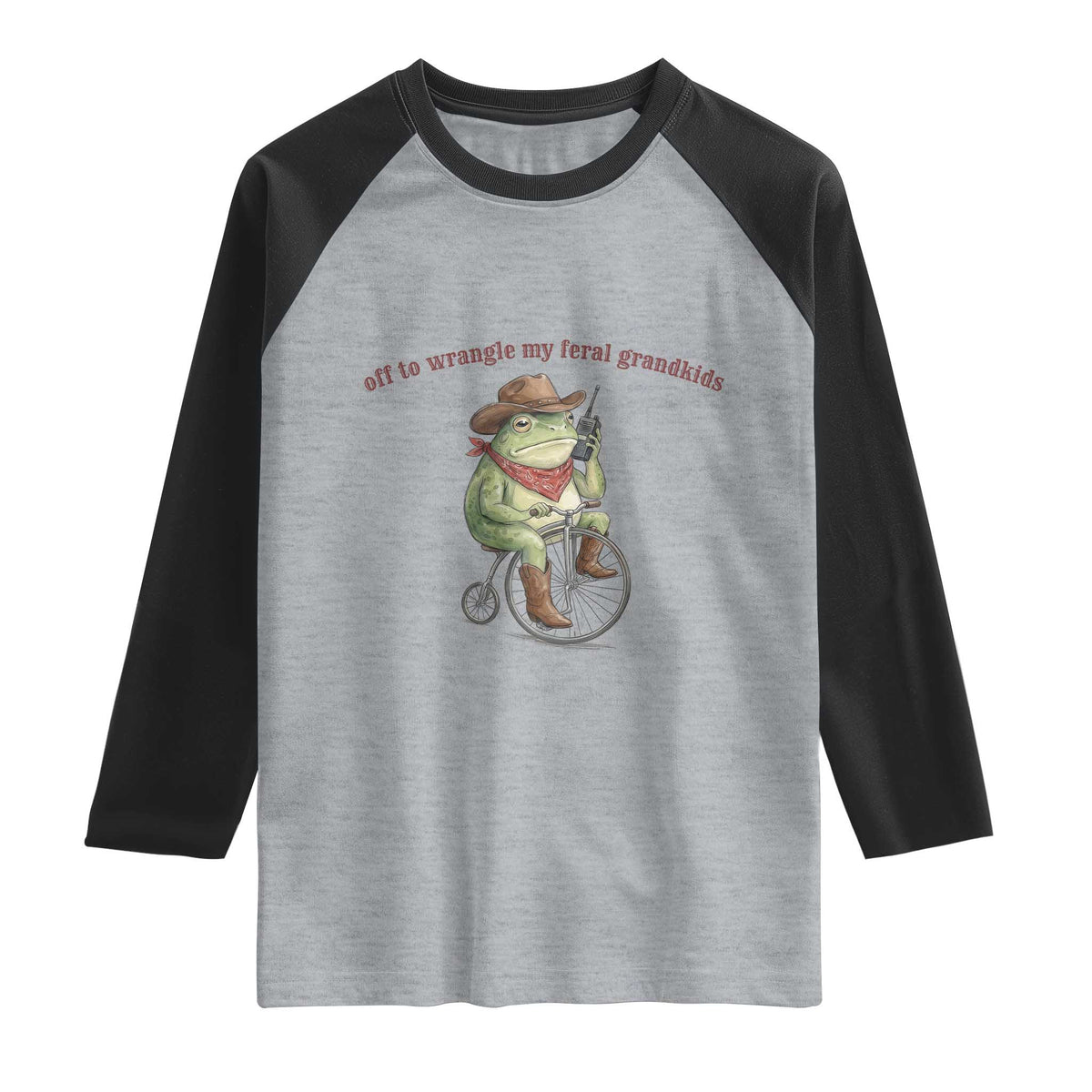 Off to Wrangle My Feral Grandkids Raglan Shirt Funny Cowboy Frog Grandpa Western Meme
