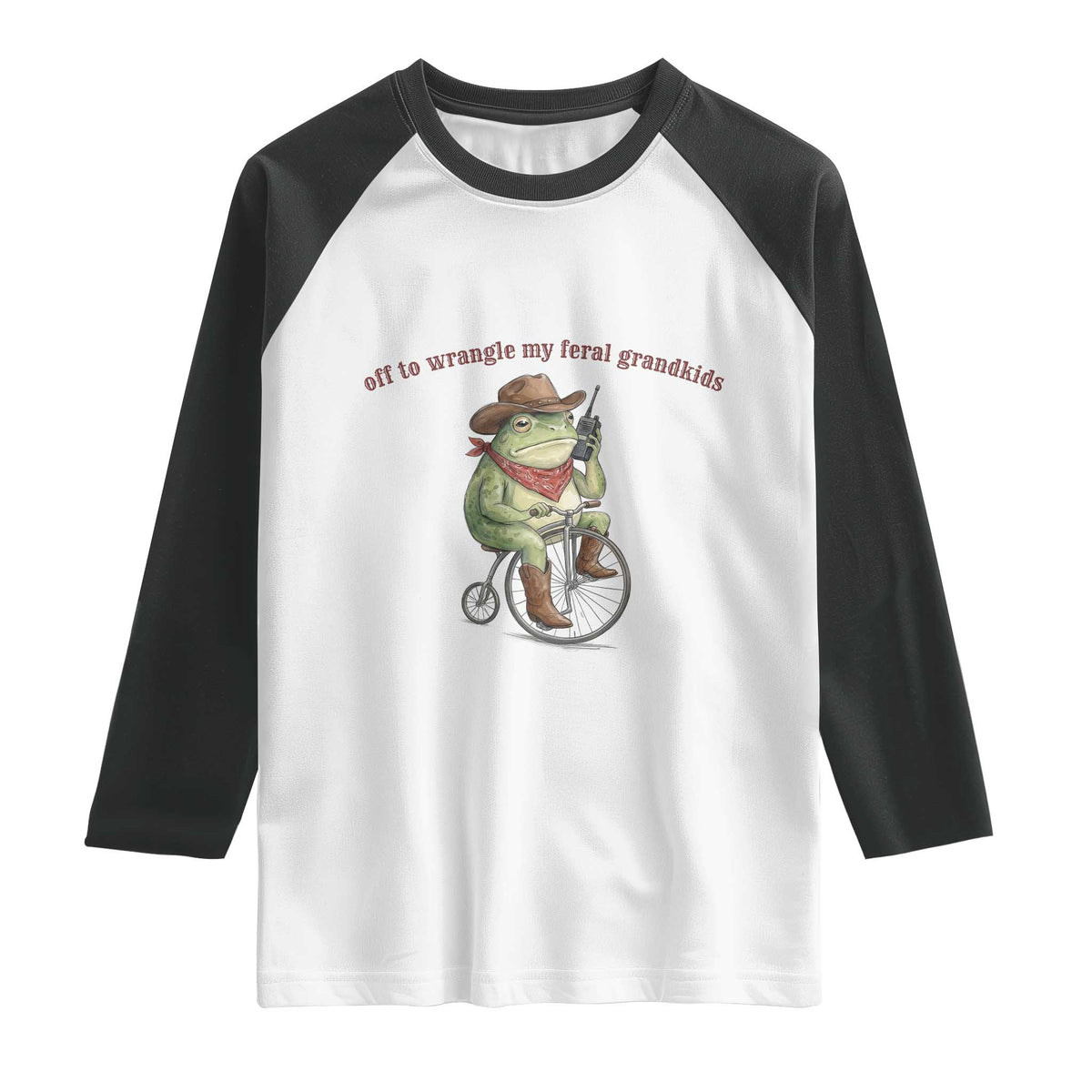 Off to Wrangle My Feral Grandkids Raglan Shirt Funny Cowboy Frog Grandpa Western Meme