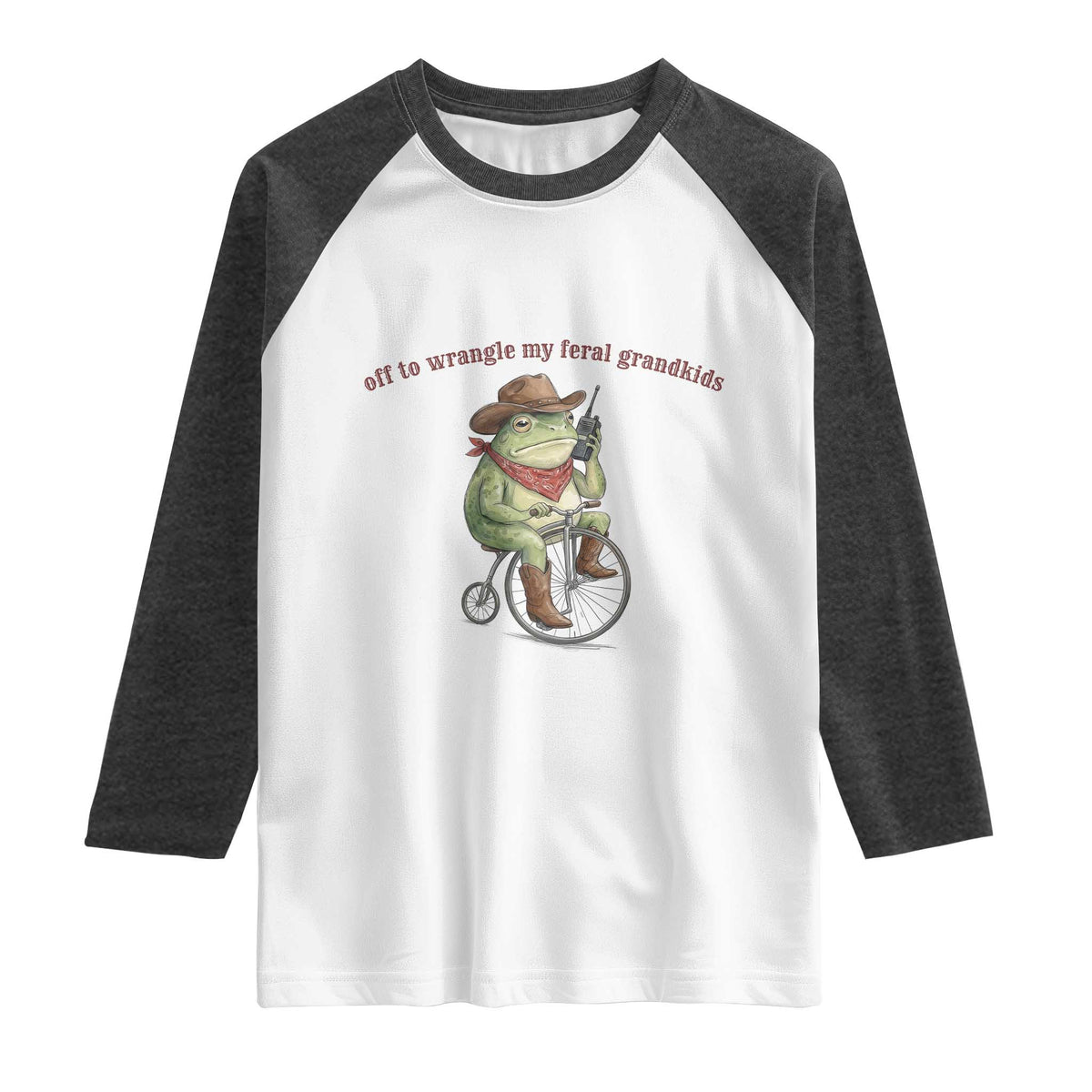 Off to Wrangle My Feral Grandkids Raglan Shirt Funny Cowboy Frog Grandpa Western Meme