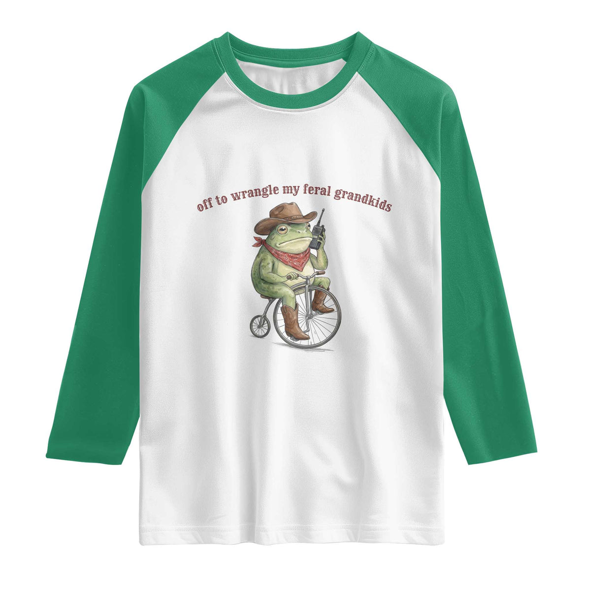 Off to Wrangle My Feral Grandkids Raglan Shirt Funny Cowboy Frog Grandpa Western Meme