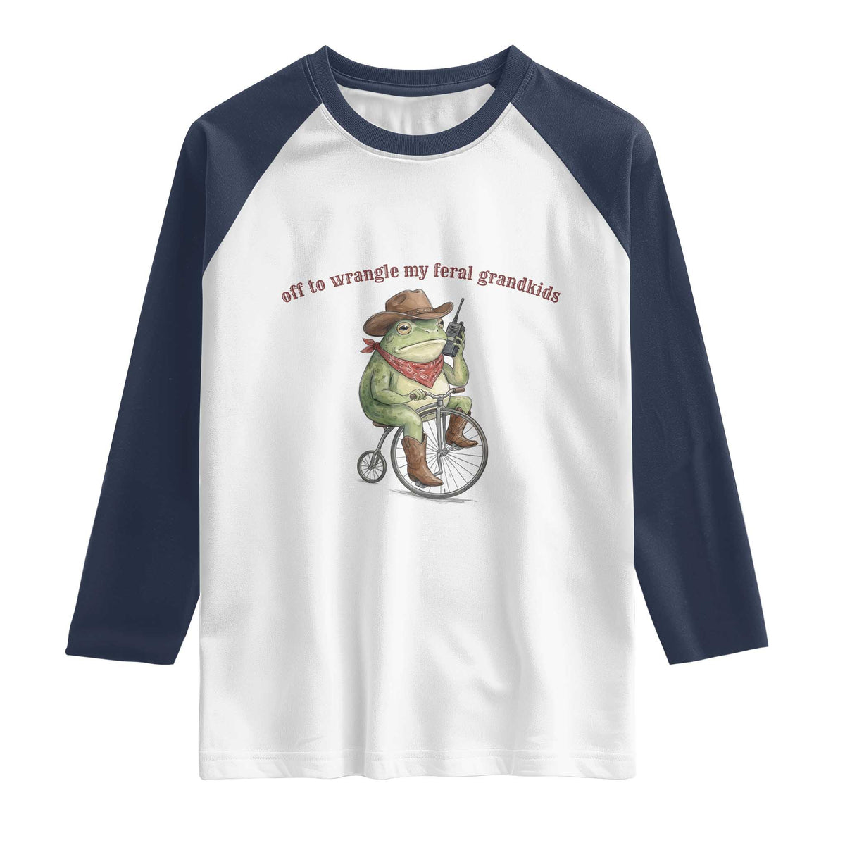 Off to Wrangle My Feral Grandkids Raglan Shirt Funny Cowboy Frog Grandpa Western Meme