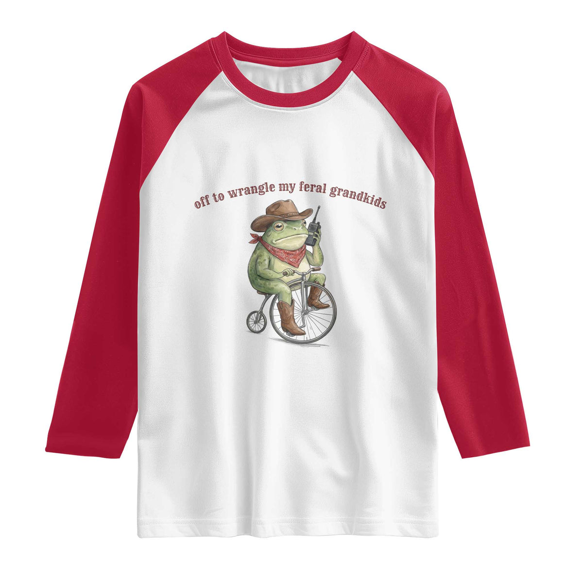 Off to Wrangle My Feral Grandkids Raglan Shirt Funny Cowboy Frog Grandpa Western Meme