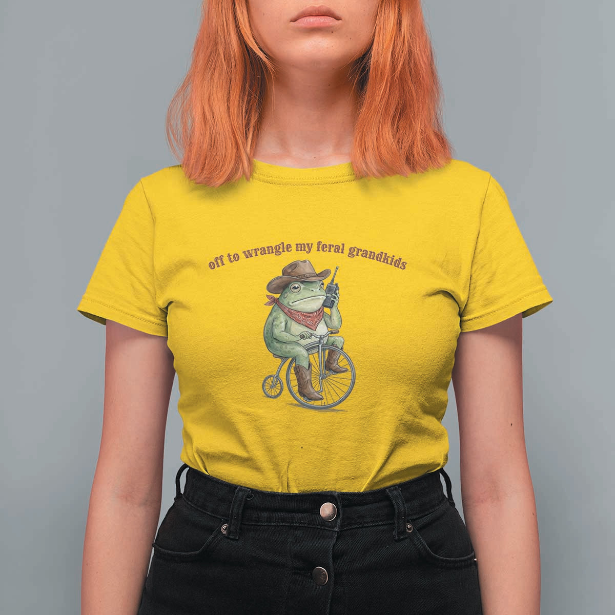 Off to Wrangle My Feral Grandkids T Shirt For Women Funny Cowboy Frog Grandpa Western Meme