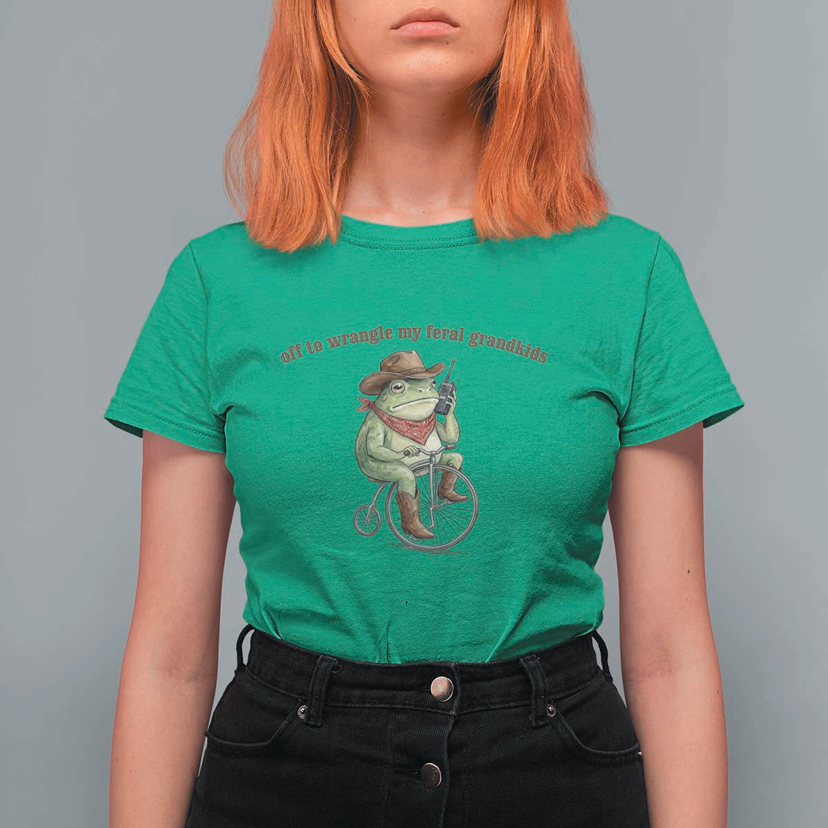 Off to Wrangle My Feral Grandkids T Shirt For Women Funny Cowboy Frog Grandpa Western Meme