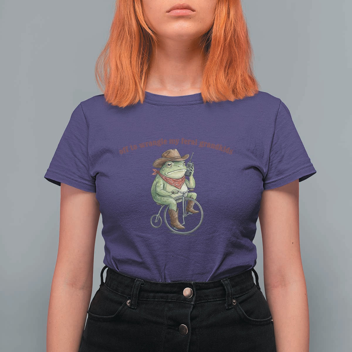 Off to Wrangle My Feral Grandkids T Shirt For Women Funny Cowboy Frog Grandpa Western Meme