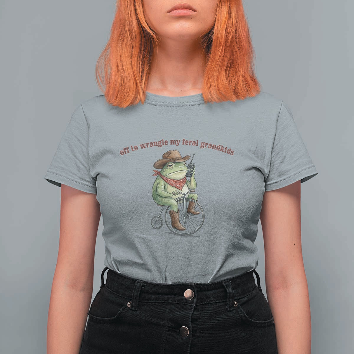 Off to Wrangle My Feral Grandkids T Shirt For Women Funny Cowboy Frog Grandpa Western Meme