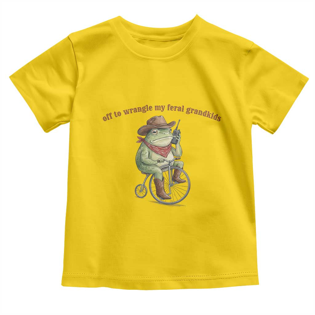 Off to Wrangle My Feral Grandkids Toddler T Shirt Funny Cowboy Frog Grandpa Western Meme