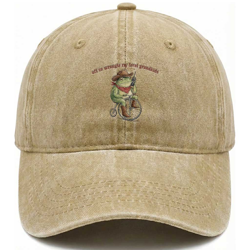 Off to Wrangle My Feral Grandkids Washed Cotton Baseball Cap Funny Cowboy Frog Grandpa Western Meme