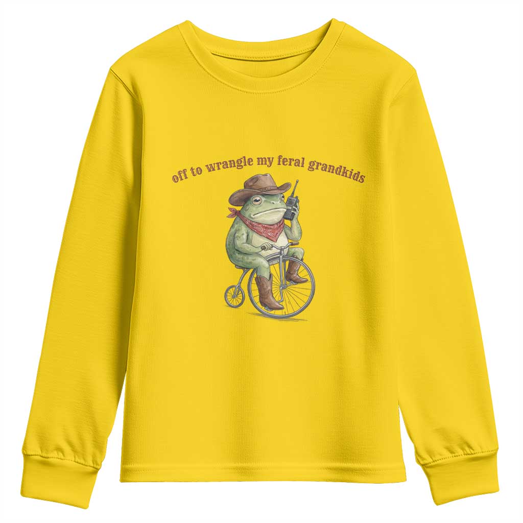 Off to Wrangle My Feral Grandkids Youth Sweatshirt Funny Cowboy Frog Grandpa Western Meme