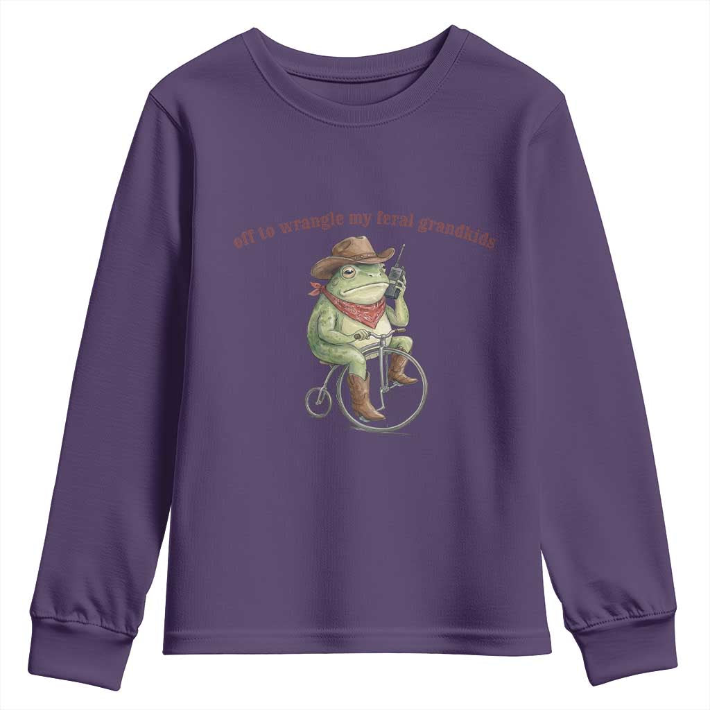 Off to Wrangle My Feral Grandkids Youth Sweatshirt Funny Cowboy Frog Grandpa Western Meme