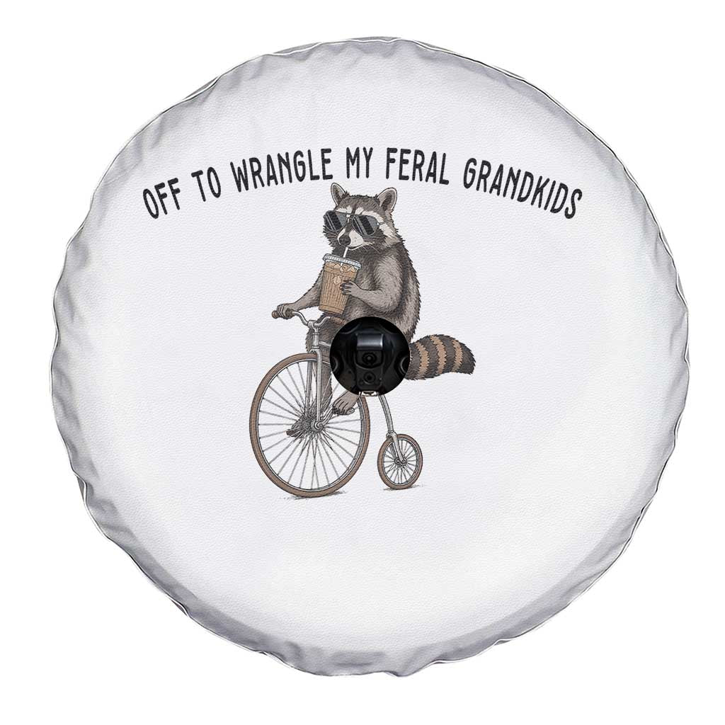 Off To Wranglin My Feral Grandkids Spare Tire Cover Funny Raccoon Grandpa Father's Day Gift