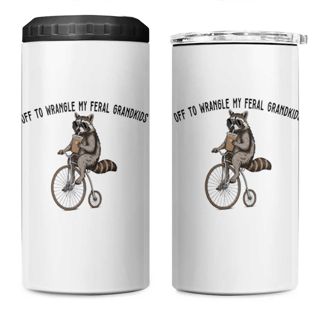 Off To Wranglin My Feral Grandkids 4 in 1 Can Cooler Tumbler Funny Raccoon Grandpa Father's Day Gift