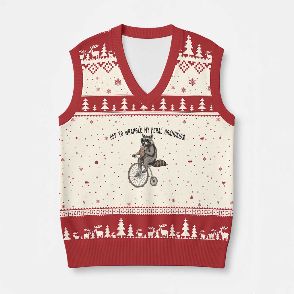 Off To Wranglin My Feral Grandkids V-Neck Knit Sweater Vest Funny Raccoon Grandpa Father's Day Gift