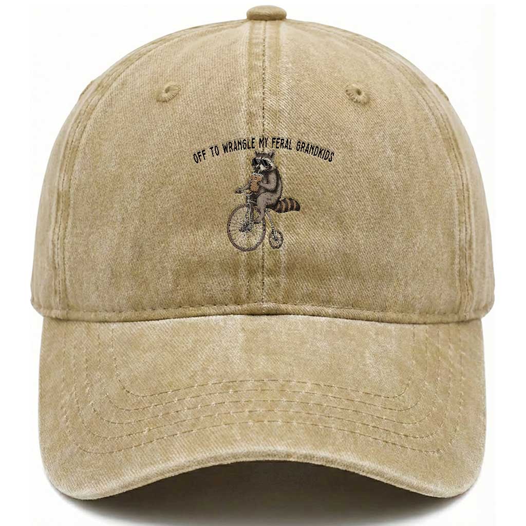 Off To Wranglin My Feral Grandkids Washed Cotton Baseball Cap Funny Raccoon Grandpa Father's Day Gift