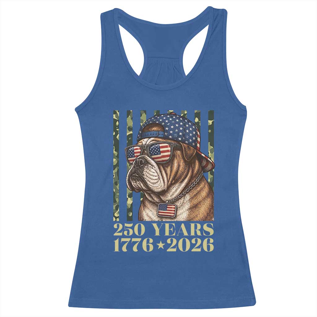 250 Years America Anniversary Racerback Tank Top Military Bulldog American Flag Camo