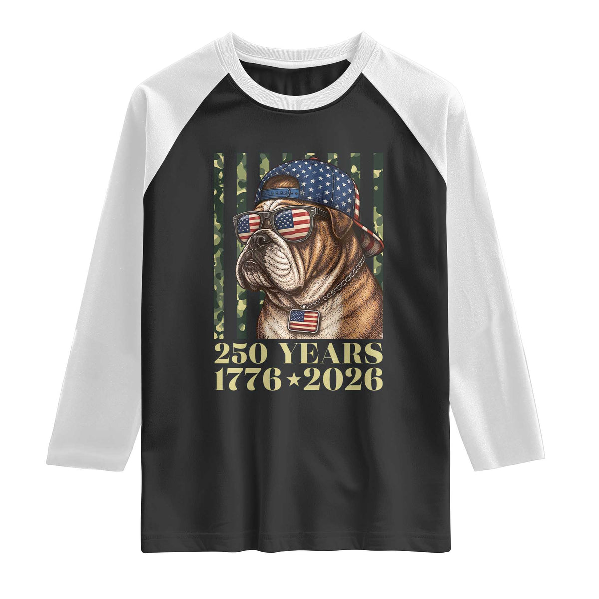250 Years America Anniversary Raglan Shirt Military Bulldog American Flag Camo