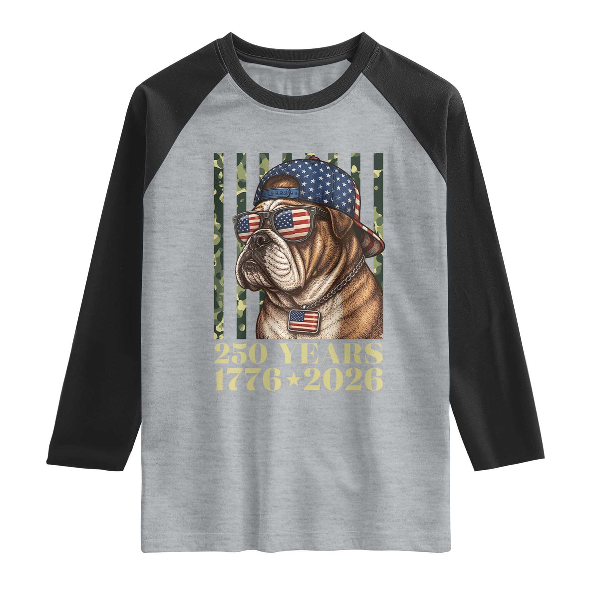 250 Years America Anniversary Raglan Shirt Military Bulldog American Flag Camo