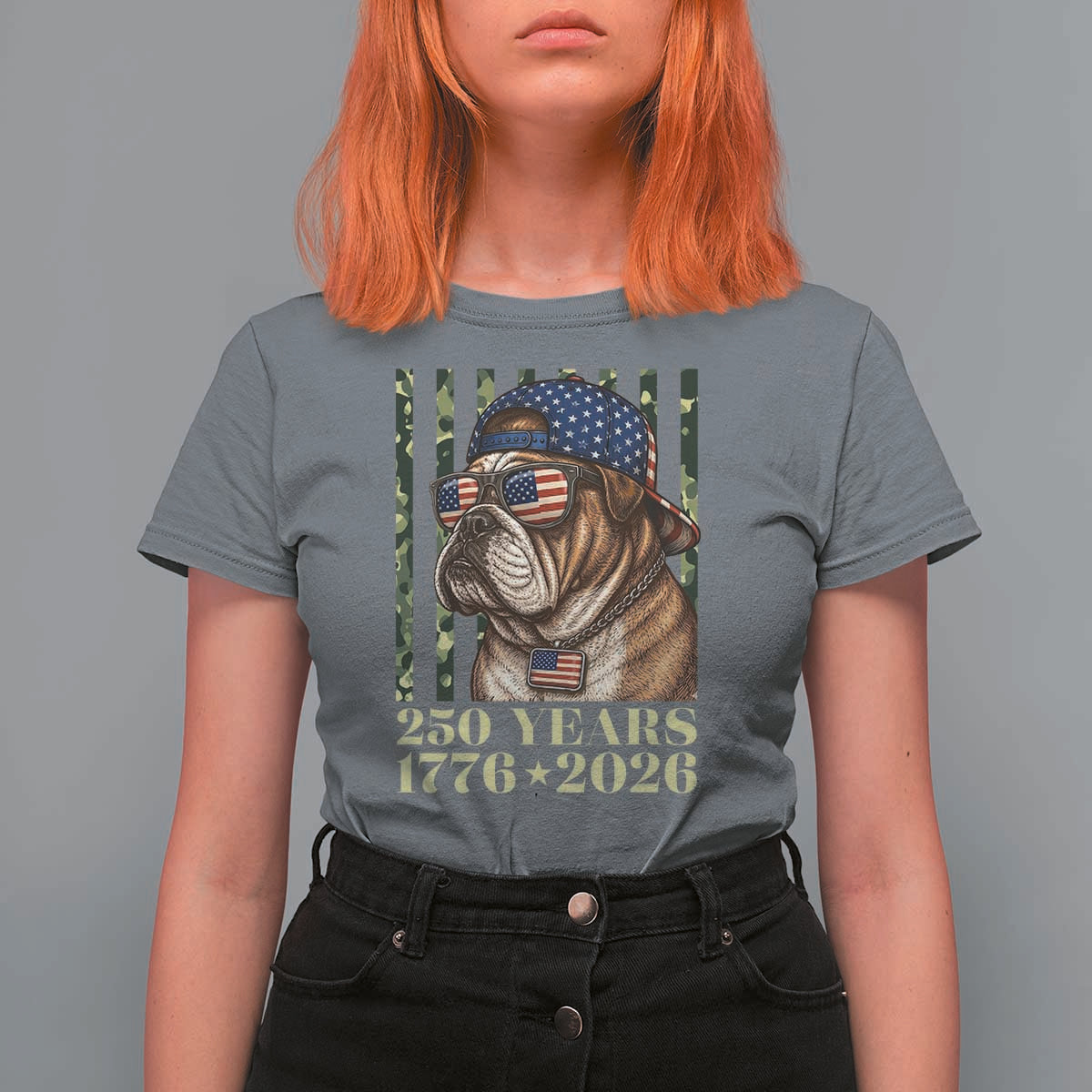 250 Years America Anniversary T Shirt For Women Military Bulldog American Flag Camo