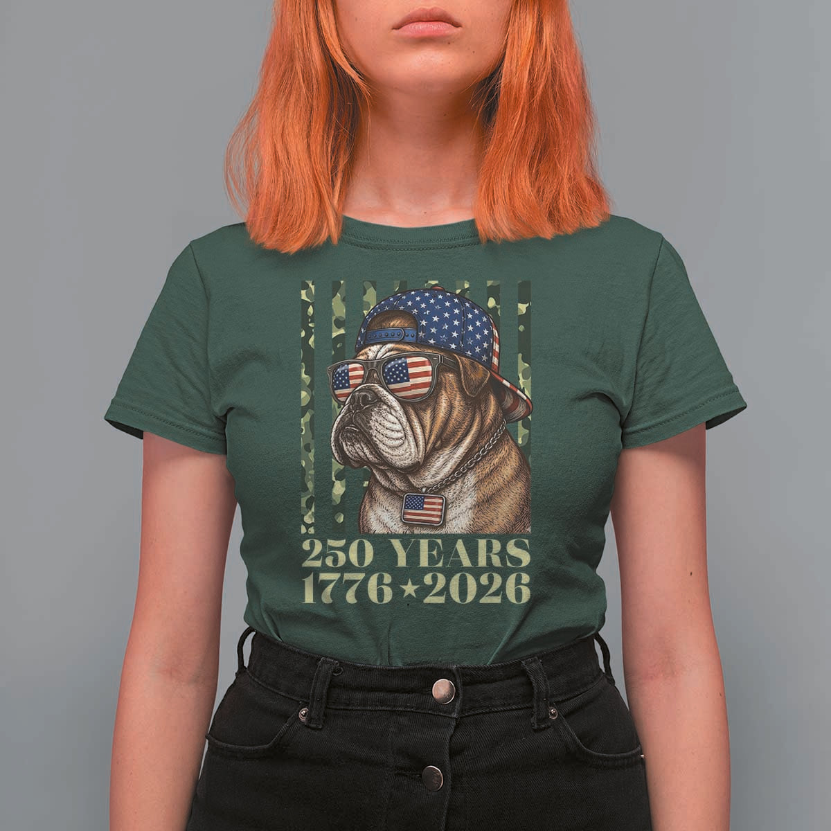 250 Years America Anniversary T Shirt For Women Military Bulldog American Flag Camo