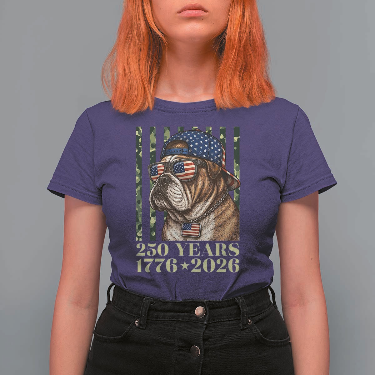 250 Years America Anniversary T Shirt For Women Military Bulldog American Flag Camo